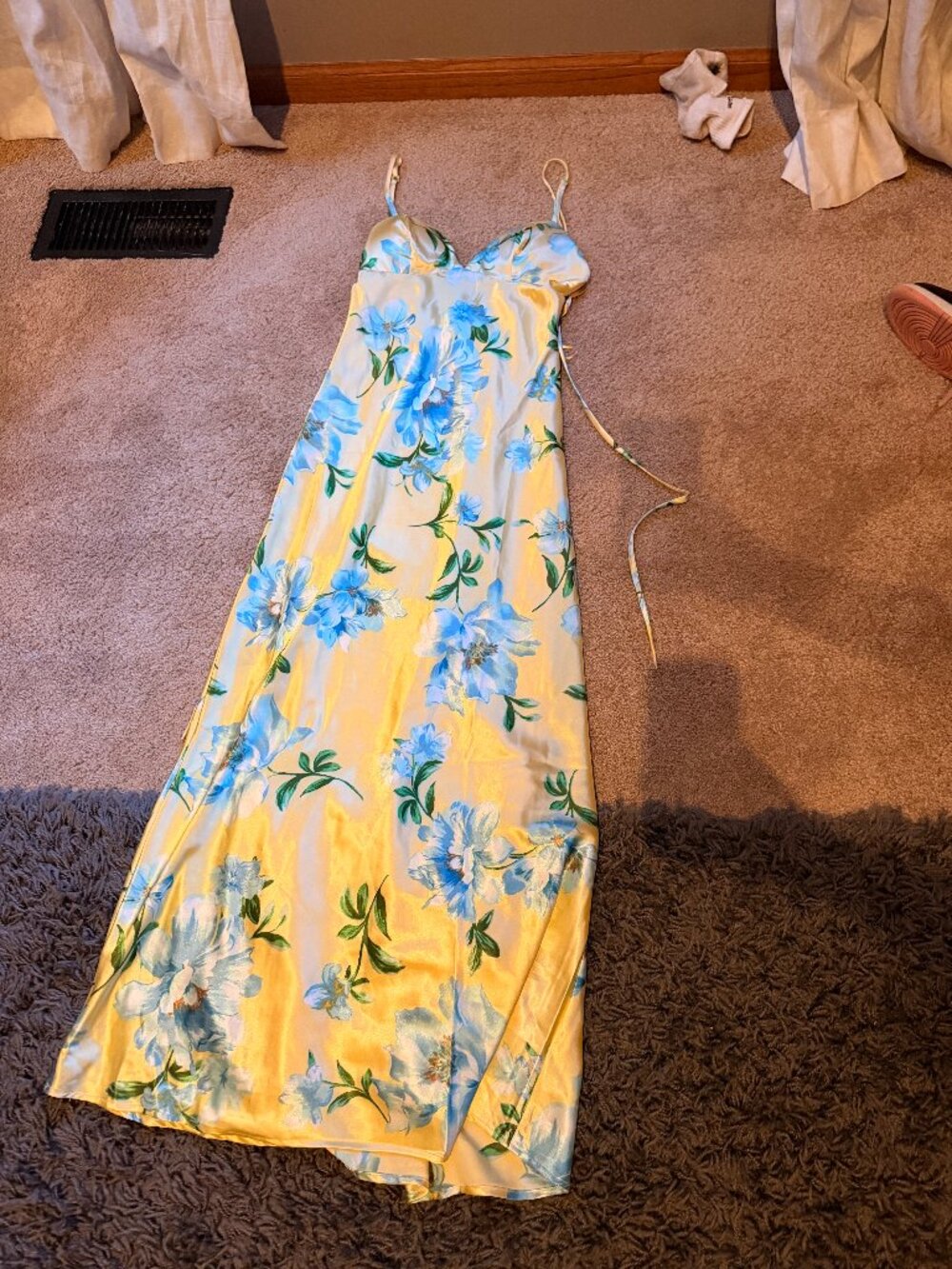 Beautiful Blue & Yellow Floral Silk Dress – XS